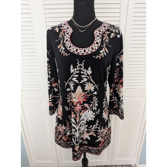 WHBM Shift Dress/Tunic Women M Multi Black 3/4 Aztec Floral Stretch Embroidery - Picture 1 of 12